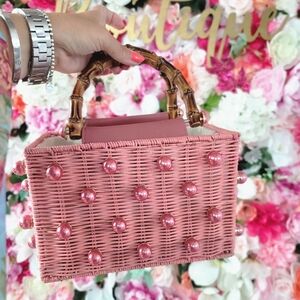 Elegant Pink Woven Mini Bag with Bamboo Handle